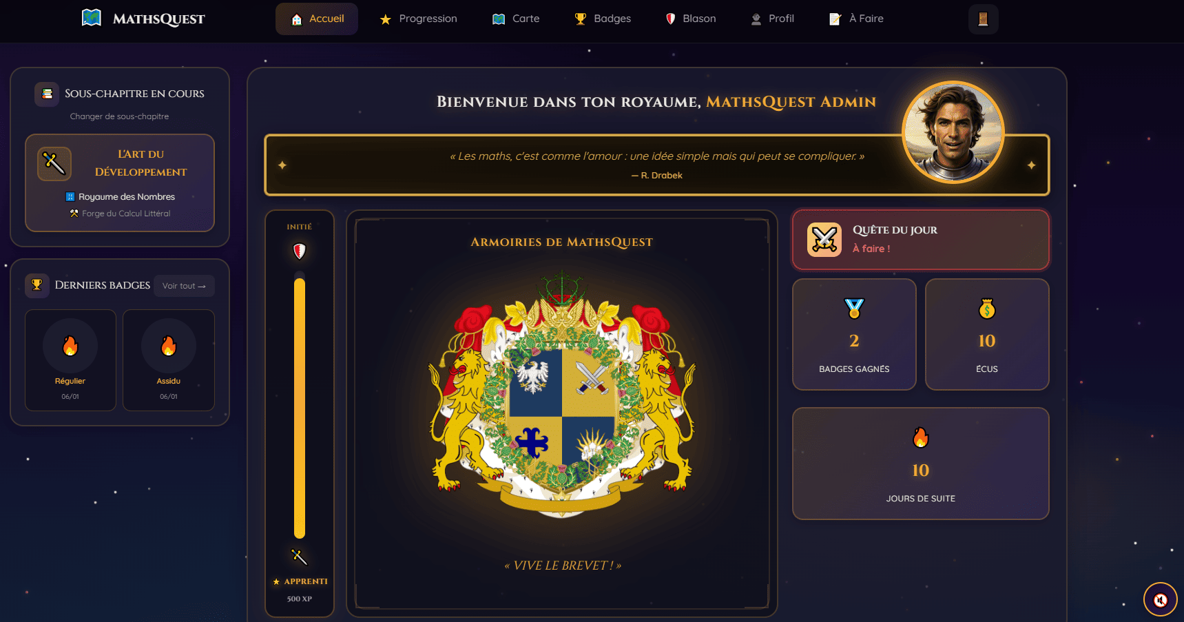 Tableau de bord élève MathsQuest